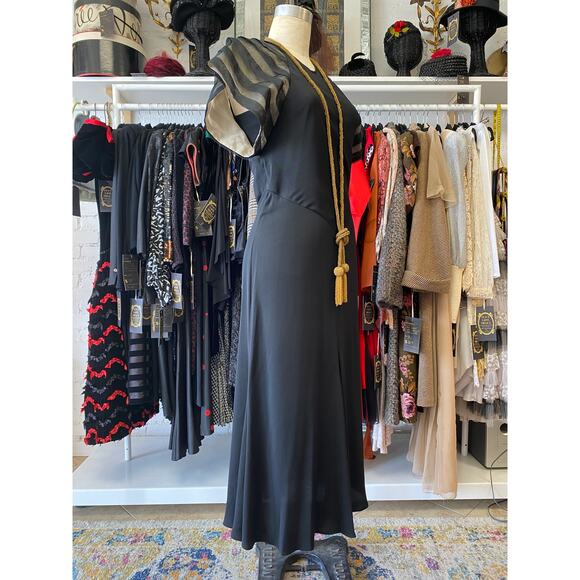 vintage 1970s black rayon dress with striped sleeves medium 1930s style art deco - Picture 6 of 10